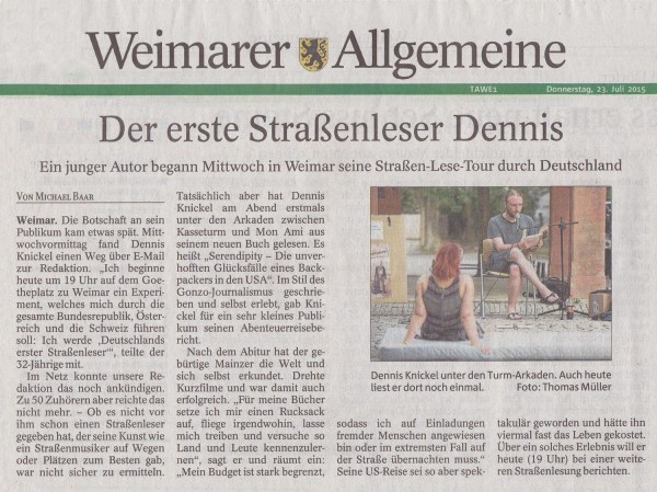 | Ein erfolgreicher Start für »Deutschlands ersten Straßenleser«: Die Lust ist geweckt! | Nr. 1 Thüringer Allgemeine, 23.7.2015: »Der erste Straßenleser Dennis«