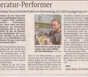Rheinpfalz (Pirmasens), 21.12.2016: »Literatur-Performer« (Vorbericht)