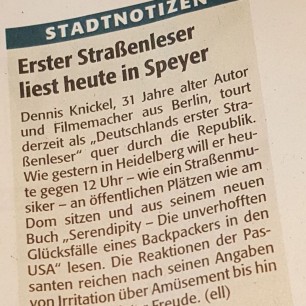 22.9.2015: Die Rheinpfalz – Speyerer Rundschau: »Erster Straßenleser liest heute in Speyer«